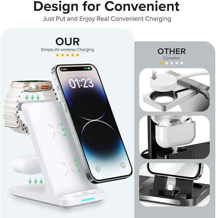 Wireless Charging Station, 3 in 1 Fast Wireless Charger Stand for Multiple Devices Apple Watch Ultra Series 11 10 9 8 7 6 SE 5 4 3 2, iPhone 17 16 15 14 13 12 11 Pro Max/Plus/Air/X/XS/XR/SE, Airpods - Image 4