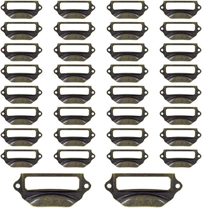 Auvotuis 30Pcs Antique Bronze Frame Tag Label Holder Office Library File Drawer Tag, Metal Vintage Cabinet Label Card Pull Handles with Screws for Furniture - Product Image