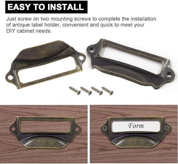 Auvotuis 30Pcs Antique Bronze Frame Tag Label Holder Office Library File Drawer Tag, Metal Vintage Cabinet Label Card Pull Handles with Screws for Furniture - Image 6