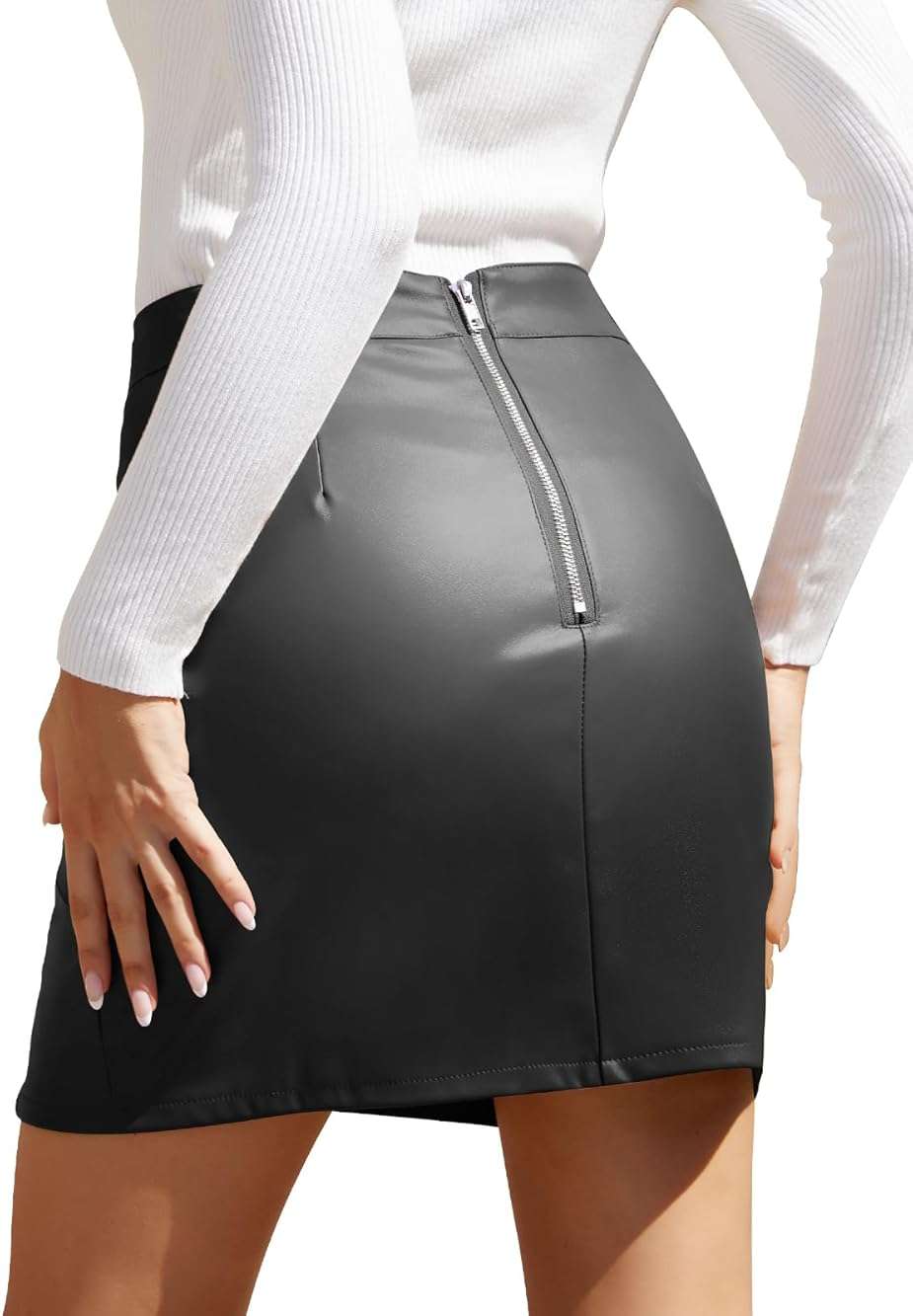 We1Fit Womens Fuax Leather Skirt High Waisted Bodycon Pencil Mini Skirts with Shorts - Image 2