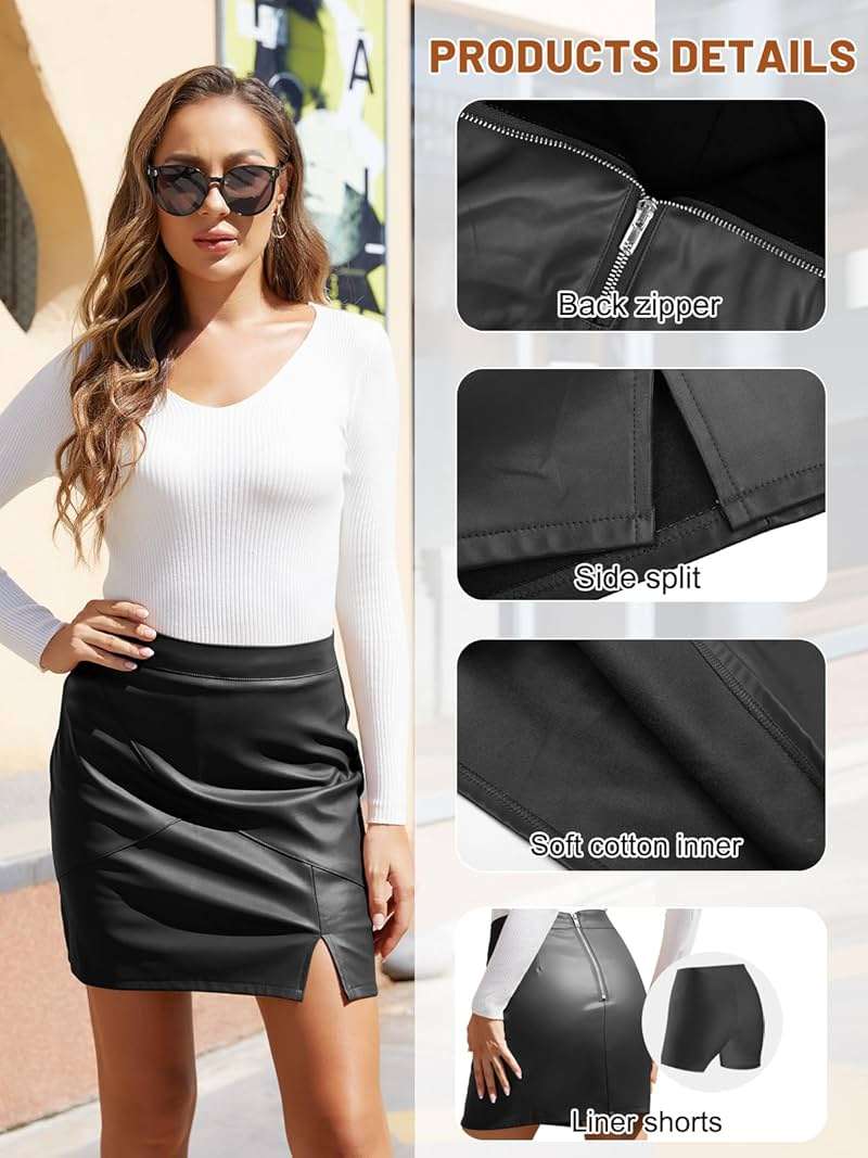 We1Fit Womens Fuax Leather Skirt High Waisted Bodycon Pencil Mini Skirts with Shorts - Image 5