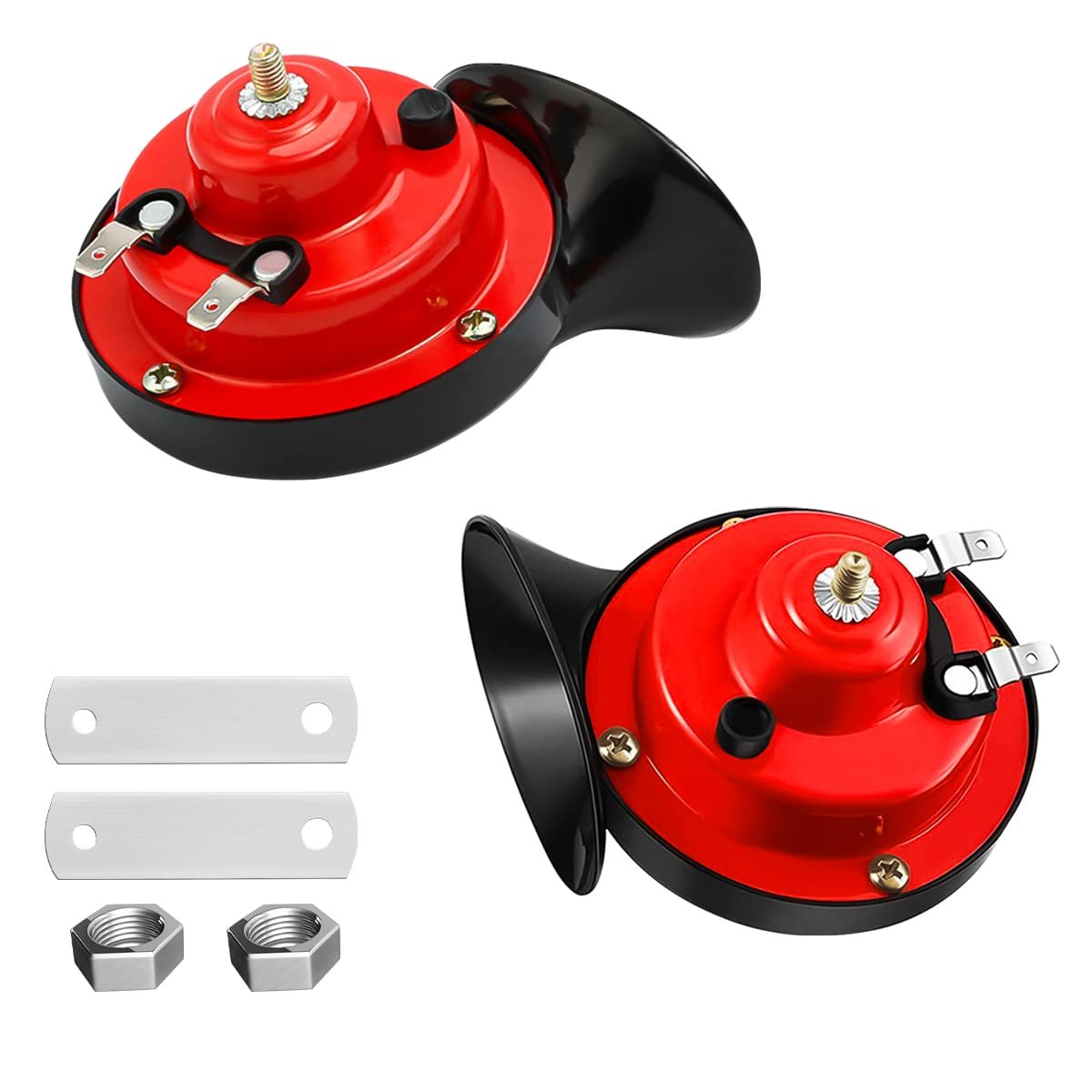 2PCS 300DB Super Loud Train Horns, 12V Waterproof Air Horns Replacement Kit, Car Air Electric Snail Double Horn, Automotive Accessories Universal for Car, Motorcycle, Truck, Bike, Boat (Red) - Product Image