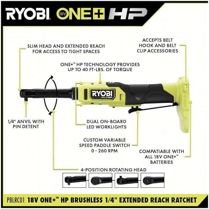 RYOBI ONEAND HP 18V BRUSHLESS Cordless 1/4 in. Extended Reach Ratchet Tool ONLY PBLRC01B - Image 3