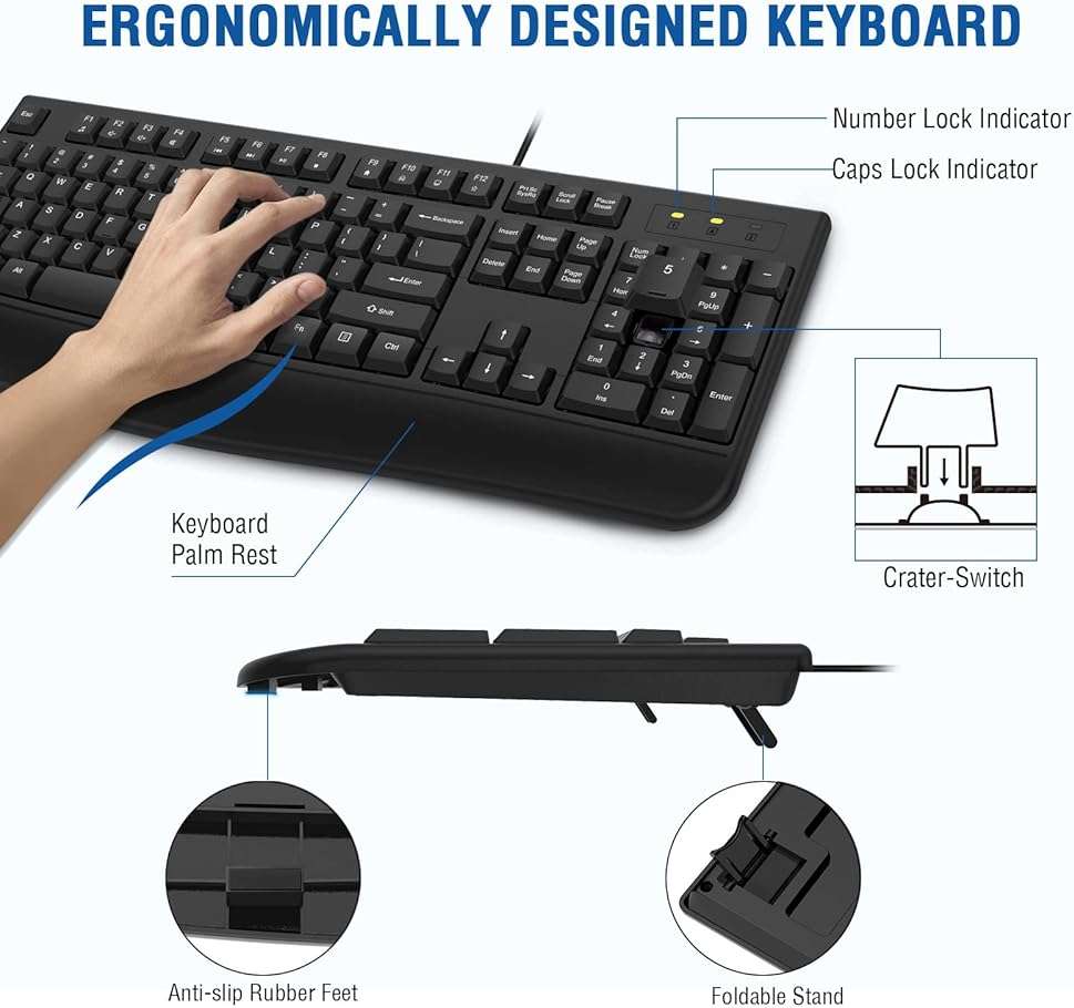 Wired Keyboard and Mouse Combo, EDJO Full-Sized Ergonomic Computer Keyboard with Palm Rest and Optical Wired Mouse for Windows, Mac OS Desktop/Laptop/PC - Image 2
