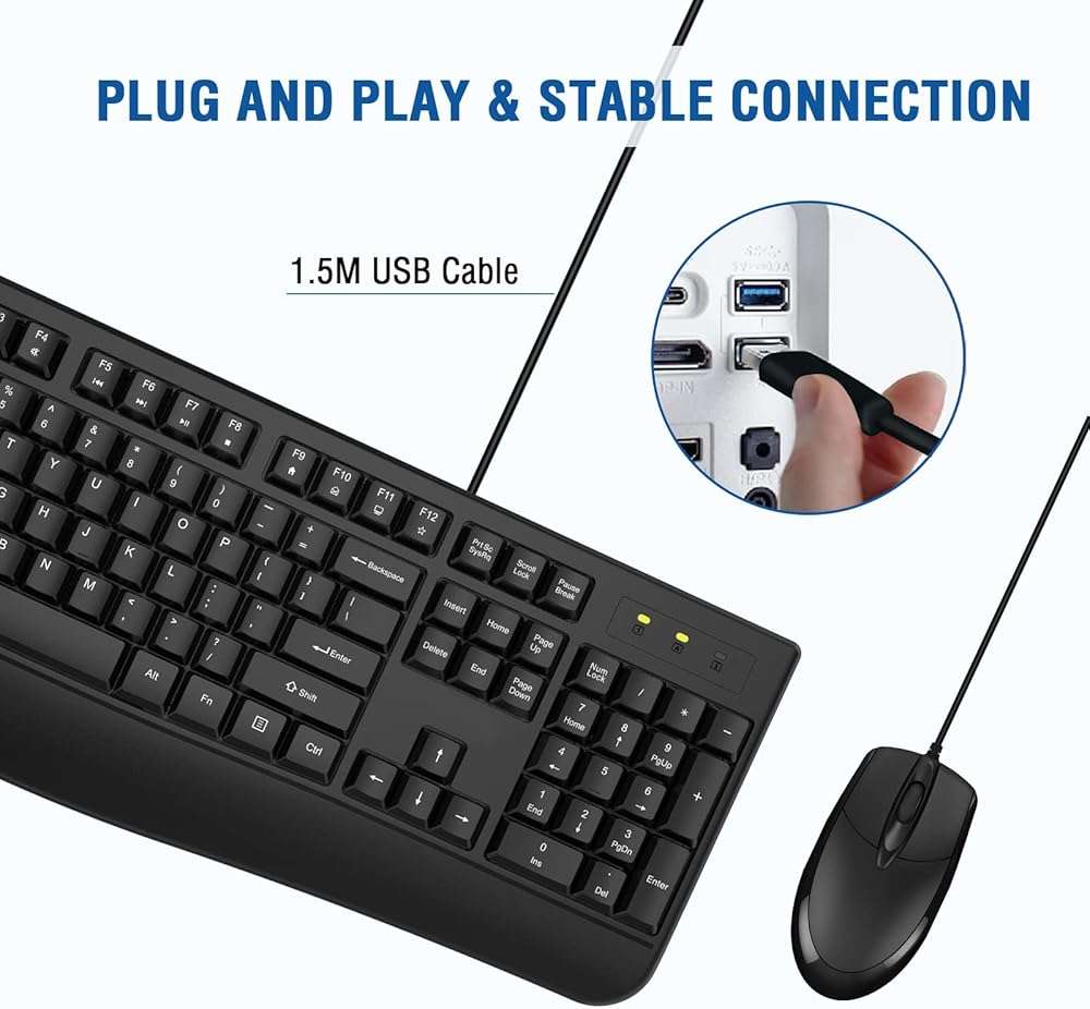 Wired Keyboard and Mouse Combo, EDJO Full-Sized Ergonomic Computer Keyboard with Palm Rest and Optical Wired Mouse for Windows, Mac OS Desktop/Laptop/PC - Image 3