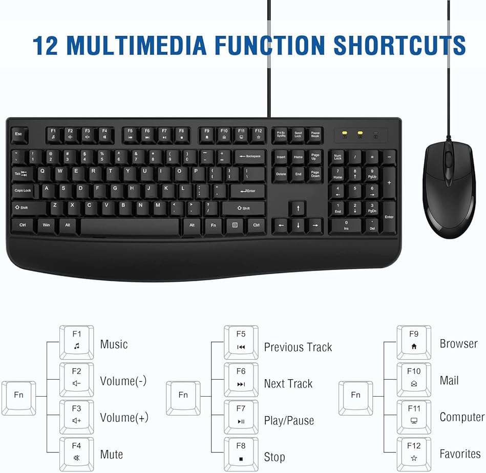 Wired Keyboard and Mouse Combo, EDJO Full-Sized Ergonomic Computer Keyboard with Palm Rest and Optical Wired Mouse for Windows, Mac OS Desktop/Laptop/PC - Image 4