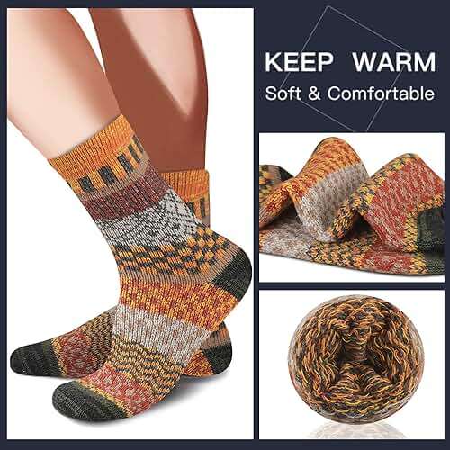 Heatuff Mens Warm Wool Socks Thermal Winter Thick Crew Pattern Socks Cold Weather 5 Pairs - Image 2