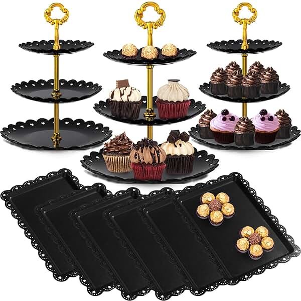 Potchen 9 Pcs Black Cake Stand Set Dessert Table Includes 6 Rectangle Cupcake Stand and 3 Pcs Round 3-Tier Serving Tray Display for Wedding Birthday Party(Flower Style) - Product Image