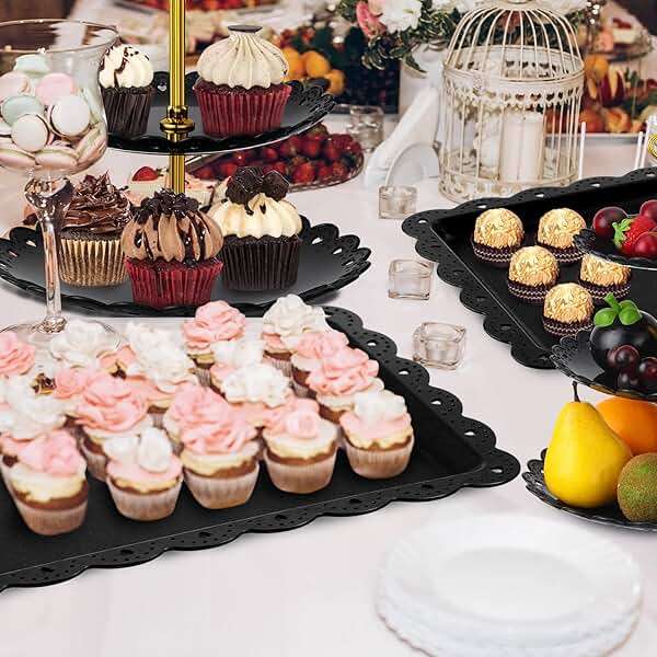 Potchen 9 Pcs Black Cake Stand Set Dessert Table Includes 6 Rectangle Cupcake Stand and 3 Pcs Round 3-Tier Serving Tray Display for Wedding Birthday Party(Flower Style) - Image 2