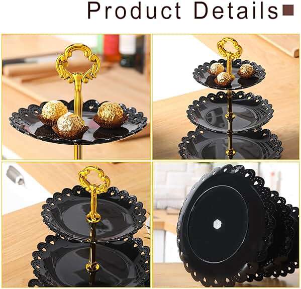 Potchen 9 Pcs Black Cake Stand Set Dessert Table Includes 6 Rectangle Cupcake Stand and 3 Pcs Round 3-Tier Serving Tray Display for Wedding Birthday Party(Flower Style) - Image 4
