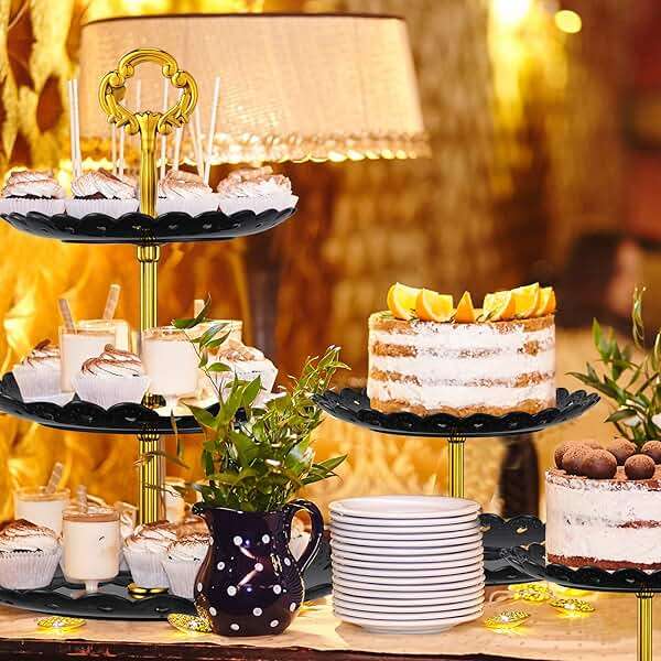 Potchen 9 Pcs Black Cake Stand Set Dessert Table Includes 6 Rectangle Cupcake Stand and 3 Pcs Round 3-Tier Serving Tray Display for Wedding Birthday Party(Flower Style) - Image 6