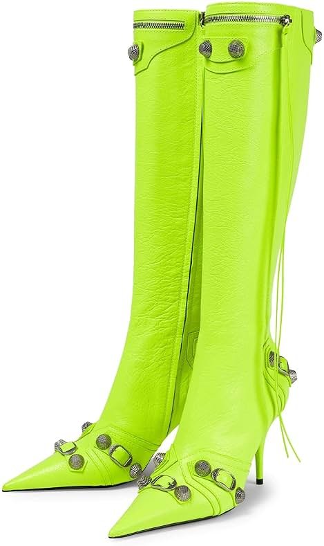Kluolandi Women's Stiletto High Heel Knee High Boots with Tassel Pointy Toe Studded Zipper Booties Dress Shoes - Product Image