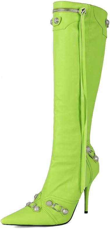 Kluolandi Women's Stiletto High Heel Knee High Boots with Tassel Pointy Toe Studded Zipper Booties Dress Shoes - Image 4