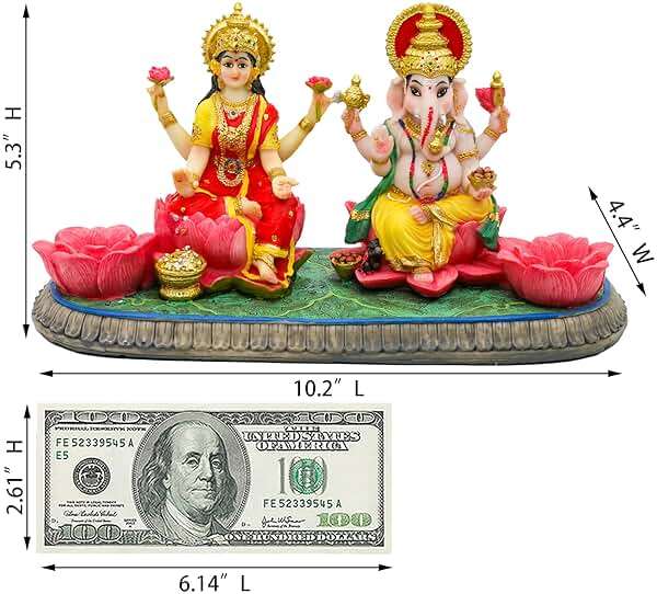 Indian God Ganesha Lakshmi Statue - 5.3”H Indian Idol Laxmi Ganesh with LED Diyas for Diwali Gifts Decor Home Office Mandir Temple Altar Puja Item Hindu Murti Pooja Sculpture - Image 2