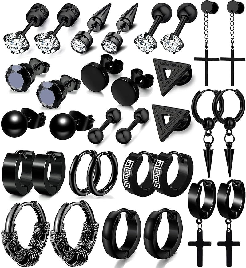 16 Pairs Men Earrings Set -Stainless Steel Cross Dangle Hoop & Ear Stud Fashion Piercing Jewelry for Birthdays, Parties & More (Black) - Product Image