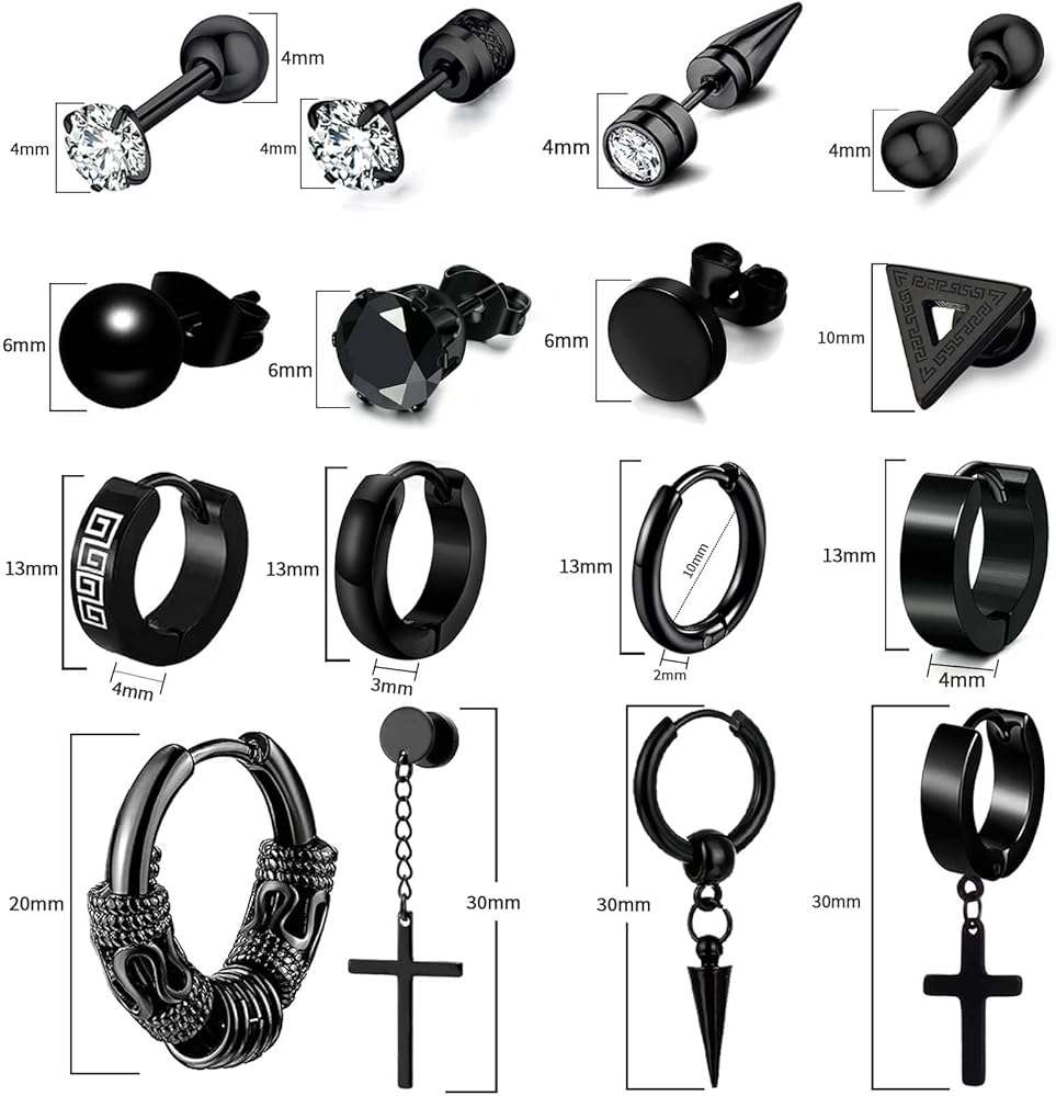 16 Pairs Men Earrings Set -Stainless Steel Cross Dangle Hoop & Ear Stud Fashion Piercing Jewelry for Birthdays, Parties & More (Black) - Image 2