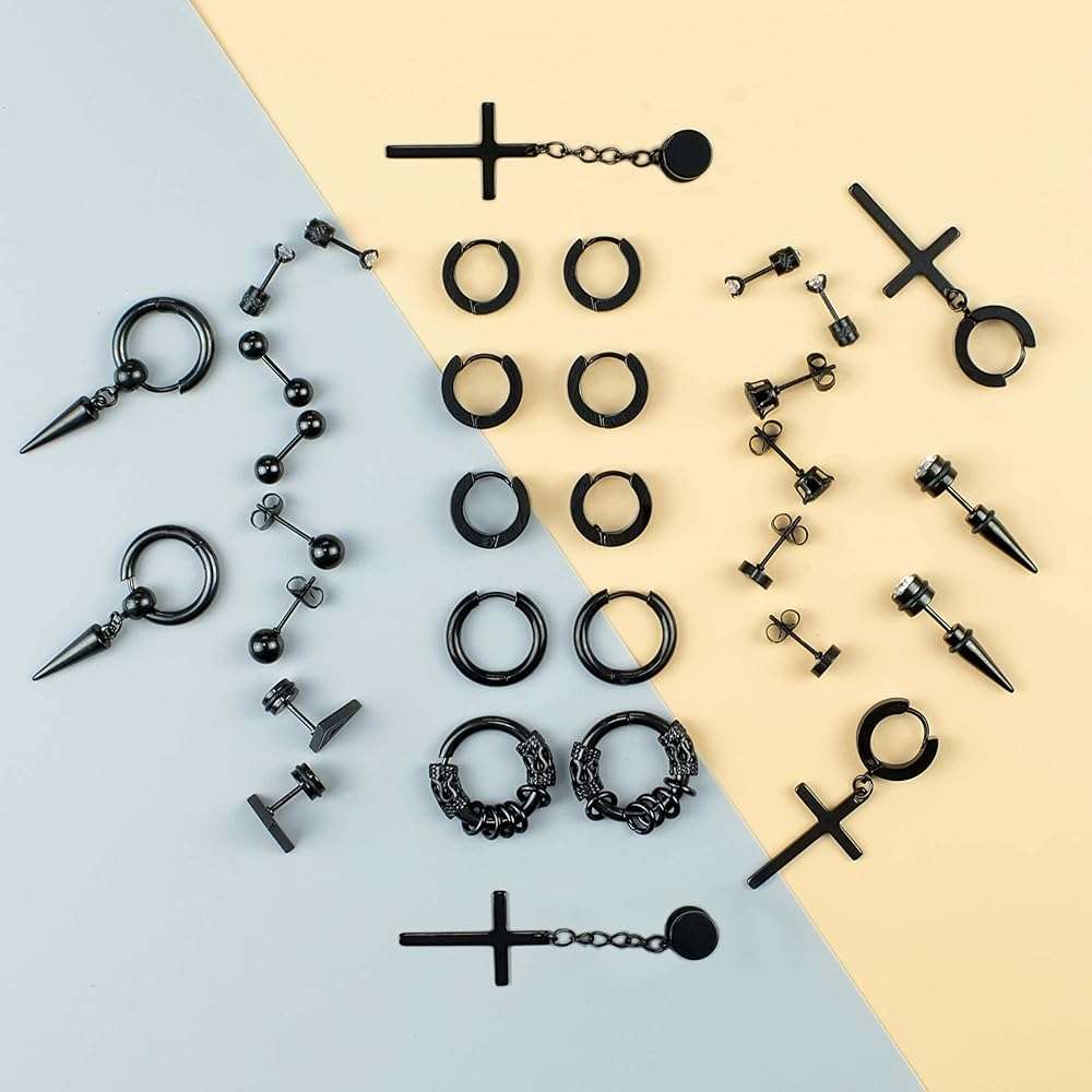 16 Pairs Men Earrings Set -Stainless Steel Cross Dangle Hoop & Ear Stud Fashion Piercing Jewelry for Birthdays, Parties & More (Black) - Image 3