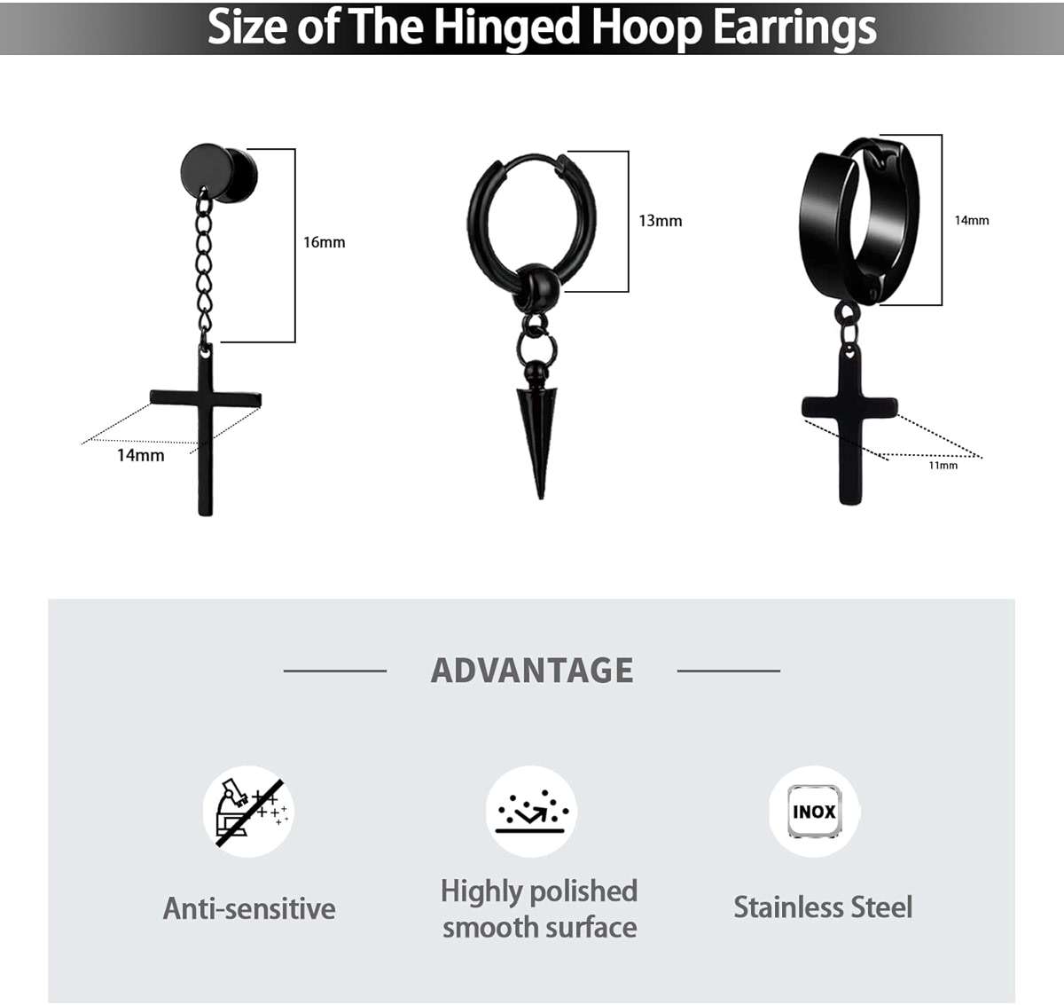 16 Pairs Men Earrings Set -Stainless Steel Cross Dangle Hoop & Ear Stud Fashion Piercing Jewelry for Birthdays, Parties & More (Black) - Image 4