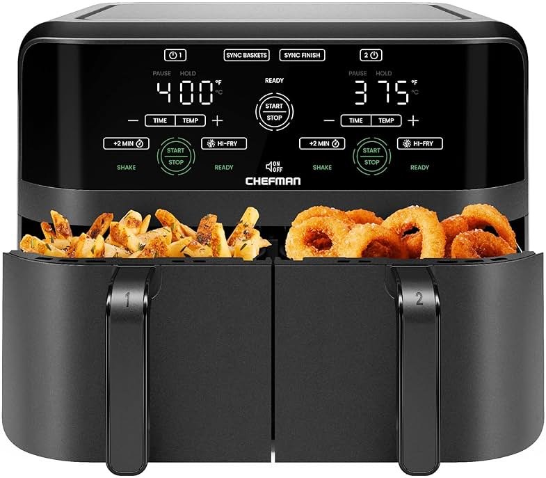 Chefman 6 Quart Dual Basket Air Fryer - Digital Touchscreen, Smart Sync Finish, Hi-Fry, Auto Shutoff, 2 Independent 3QT Nonstick Dishwasher-Safe Frying Baskets - Digital Double Air Fryer - Black - Product Image