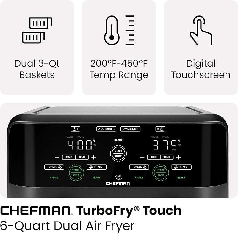Chefman 6 Quart Dual Basket Air Fryer - Digital Touchscreen, Smart Sync Finish, Hi-Fry, Auto Shutoff, 2 Independent 3QT Nonstick Dishwasher-Safe Frying Baskets - Digital Double Air Fryer - Black - Image 5