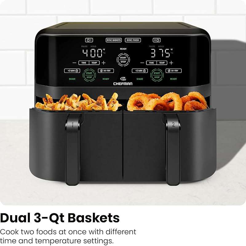 Chefman 6 Quart Dual Basket Air Fryer - Digital Touchscreen, Smart Sync Finish, Hi-Fry, Auto Shutoff, 2 Independent 3QT Nonstick Dishwasher-Safe Frying Baskets - Digital Double Air Fryer - Black - Image 6