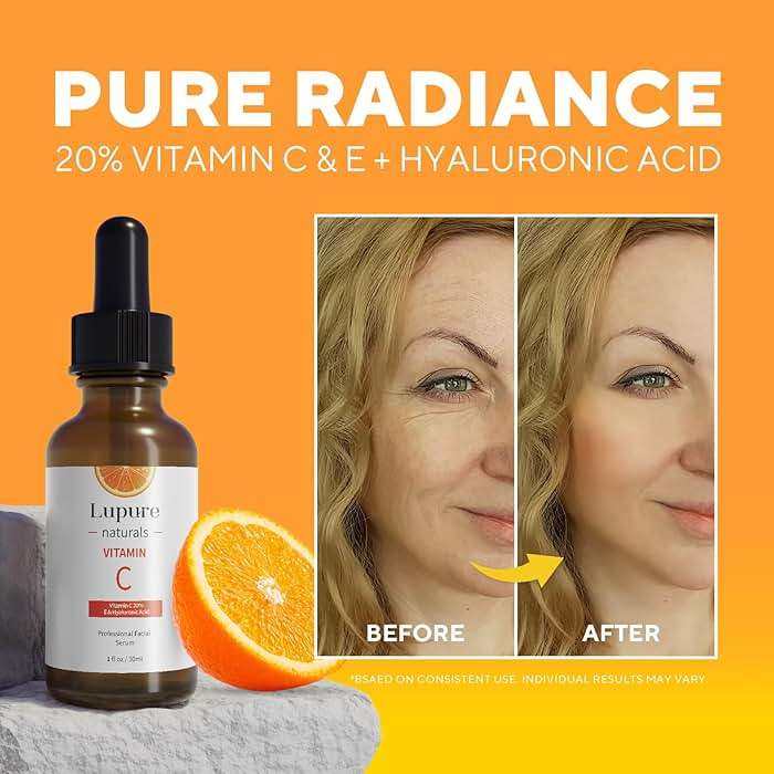 Lupure Professional Vitamin C Face Serum 20%, Anti Aging Facial Super Vit C Serum with Ascorbic Acid Hyaluronic Acid & Vitamin E for Dark Spots, Skin Care, Christmas Gift & Stocking | 1 Fl. Oz - Image 2