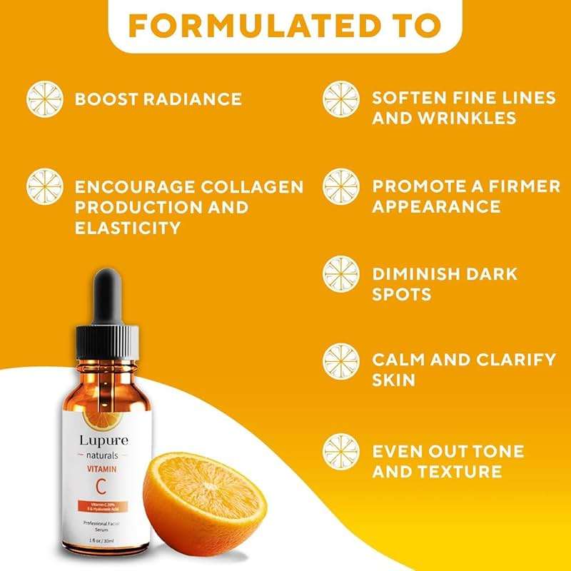 Lupure Professional Vitamin C Face Serum 20%, Anti Aging Facial Super Vit C Serum with Ascorbic Acid Hyaluronic Acid & Vitamin E for Dark Spots, Skin Care, Christmas Gift & Stocking | 1 Fl. Oz - Image 6