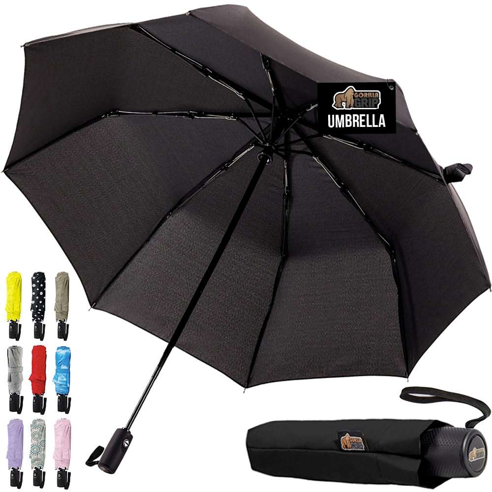 GORILLA GRIP Windproof Compact Stick Umbrella for Rain, Travel One-Click Automatic Open and Close, Lightweight, Portable, Strong Reinforced Fiberglass Ribs, Easily Collapsible, Black - Image 1