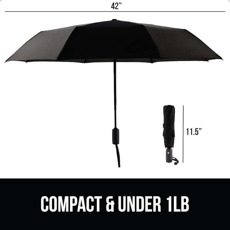 GORILLA GRIP Windproof Compact Stick Umbrella for Rain, Travel One-Click Automatic Open and Close, Lightweight, Portable, Strong Reinforced Fiberglass Ribs, Easily Collapsible, Black - Image 2