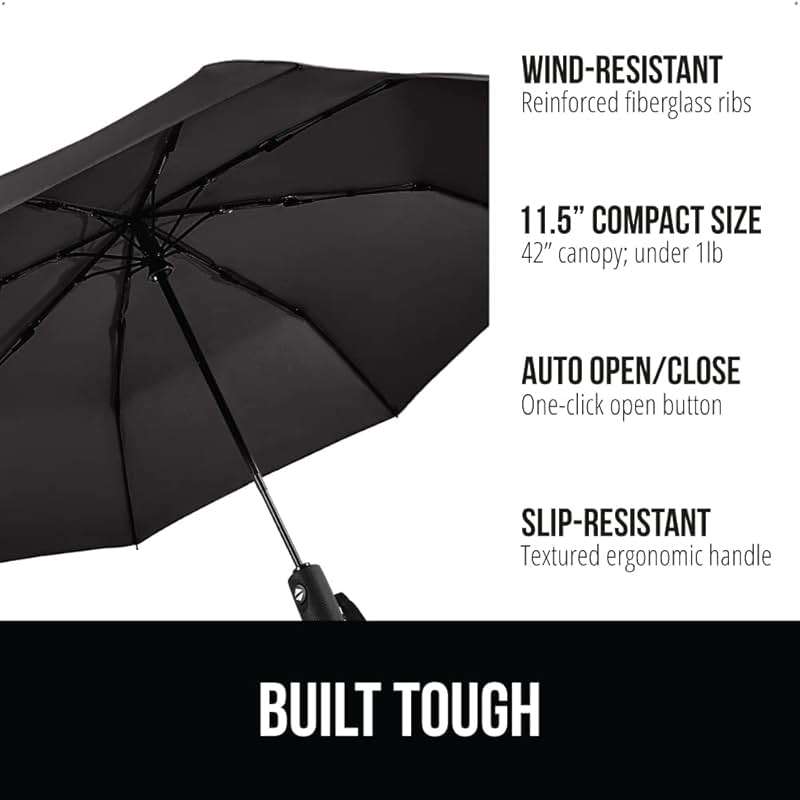 GORILLA GRIP Windproof Compact Stick Umbrella for Rain, Travel One-Click Automatic Open and Close, Lightweight, Portable, Strong Reinforced Fiberglass Ribs, Easily Collapsible, Black - Image 3