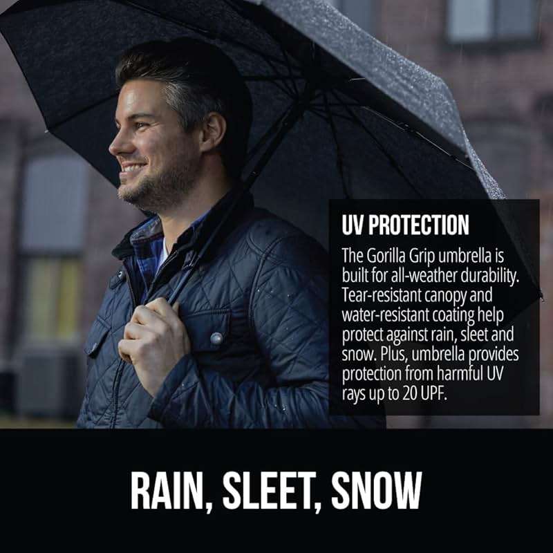 GORILLA GRIP Windproof Compact Stick Umbrella for Rain, Travel One-Click Automatic Open and Close, Lightweight, Portable, Strong Reinforced Fiberglass Ribs, Easily Collapsible, Black - Image 4