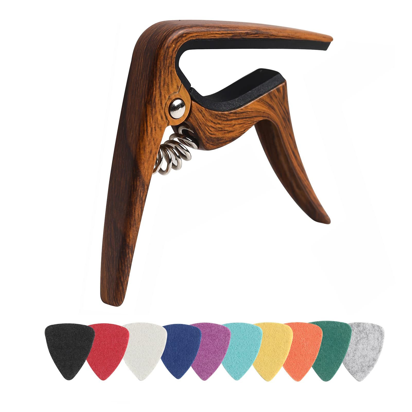 Ukulele Capo for Soprano, Concert, Tenor, Baritone Ukulele with felt picks (Walnut) - Product Image