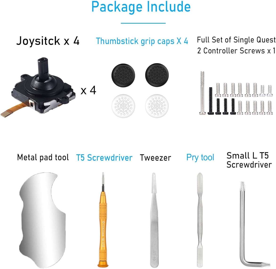 Ikpek 4 Pack Joystick Replacement Kit for Oculus Quest 2 Controller, 31 in One Repair Kit for Meta Quest 2 Controller, Include 4 Thumb Sticks, 4 Thumbstick Grips, 18 Screws, 2 T5 Screwdrivers and More - Image 6