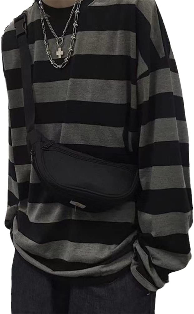 Men's Round Neck Striped Long Sleeve T-Shirt Emo Punk American Harajuku Street Loose Bottoming Shirt Couple Outfit - Product Image