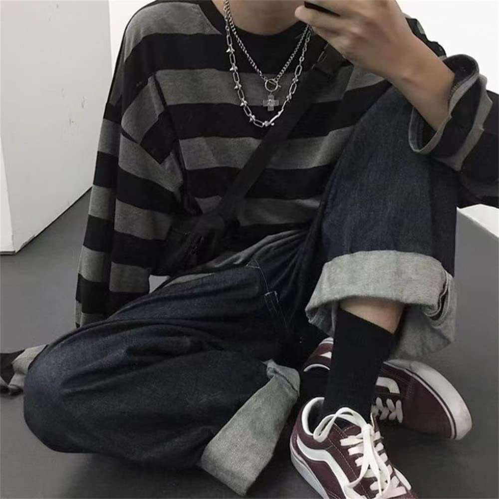 Men's Round Neck Striped Long Sleeve T-Shirt Emo Punk American Harajuku Street Loose Bottoming Shirt Couple Outfit - Image 2