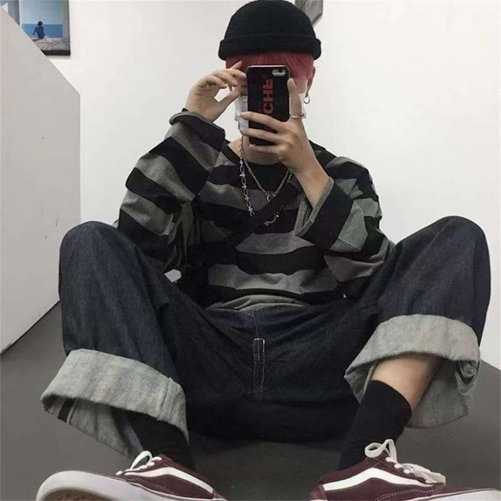 Men's Round Neck Striped Long Sleeve T-Shirt Emo Punk American Harajuku Street Loose Bottoming Shirt Couple Outfit - Image 3