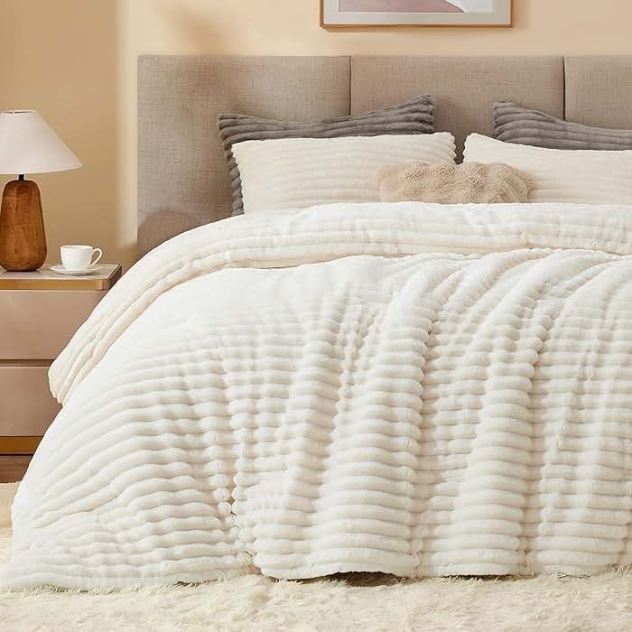 BEDELITE Fleece Queen Comforter Set -Super Soft & Warm Fluffy Cream White Bedding, Luxury Fuzzy Heavy Bed Set for Winter with 2 Pillow Cases - Product Image