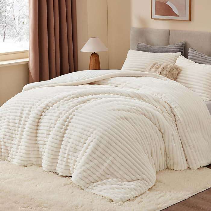 BEDELITE Fleece Queen Comforter Set -Super Soft & Warm Fluffy Cream White Bedding, Luxury Fuzzy Heavy Bed Set for Winter with 2 Pillow Cases - Image 3