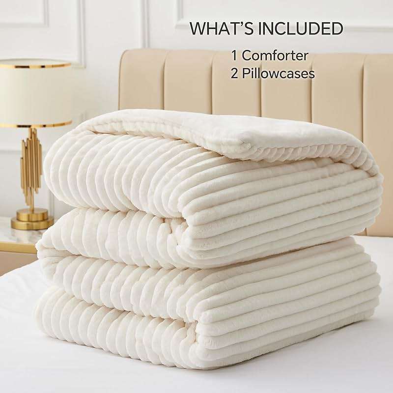 BEDELITE Fleece Queen Comforter Set -Super Soft & Warm Fluffy Cream White Bedding, Luxury Fuzzy Heavy Bed Set for Winter with 2 Pillow Cases - Image 7