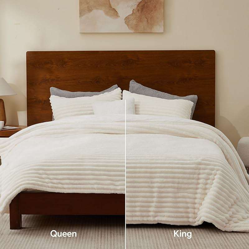 BEDELITE Fleece Queen Comforter Set -Super Soft & Warm Fluffy Cream White Bedding, Luxury Fuzzy Heavy Bed Set for Winter with 2 Pillow Cases - Image 8