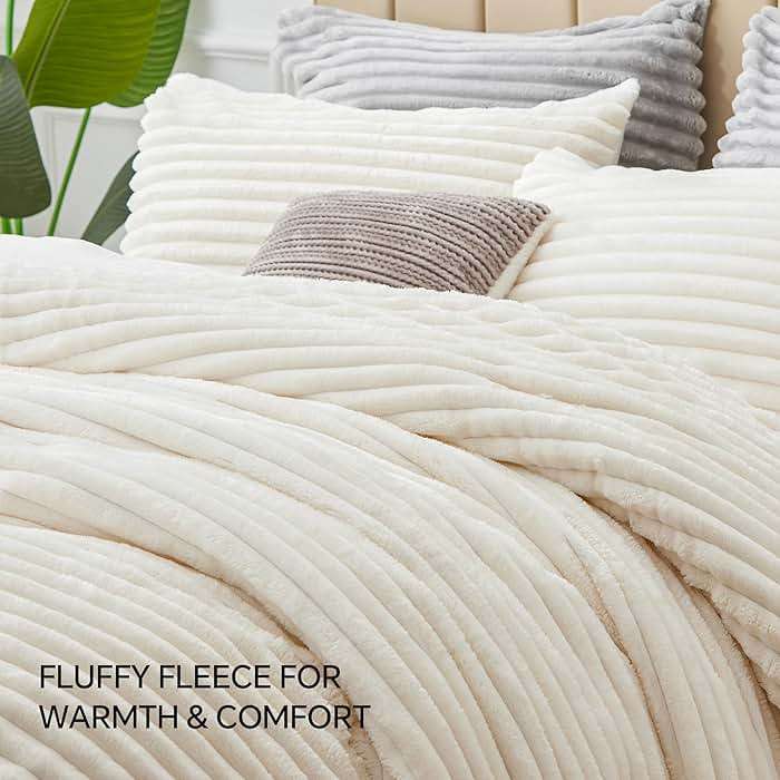 BEDELITE Fleece Queen Comforter Set -Super Soft & Warm Fluffy Cream White Bedding, Luxury Fuzzy Heavy Bed Set for Winter with 2 Pillow Cases - Image 9