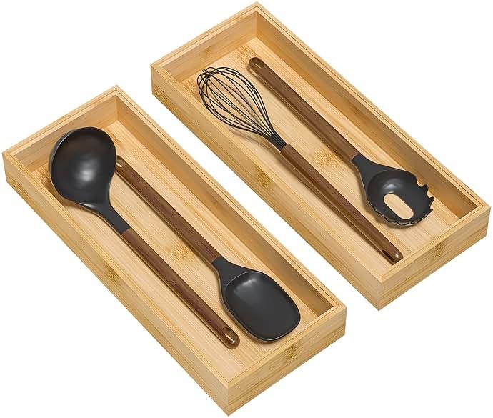 Lixple Bamboo Kitchen Drawer Organizer, Stackable Utensil Holder Silverware Organizer Cutlery Tray - 2PCS Organizer Bins for Makeup Jewelries Flatware in Bathroom, Office Desk, Cabinets, 15x6x2 inch - Product Image