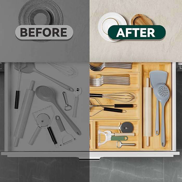 Lixple Bamboo Kitchen Drawer Organizer, Stackable Utensil Holder Silverware Organizer Cutlery Tray - 2PCS Organizer Bins for Makeup Jewelries Flatware in Bathroom, Office Desk, Cabinets, 15x6x2 inch - Image 6