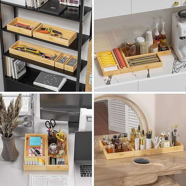 Lixple Bamboo Kitchen Drawer Organizer, Stackable Utensil Holder Silverware Organizer Cutlery Tray - 2PCS Organizer Bins for Makeup Jewelries Flatware in Bathroom, Office Desk, Cabinets, 15x6x2 inch - Image 7