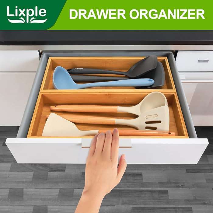 Lixple Bamboo Kitchen Drawer Organizer, Stackable Utensil Holder Silverware Organizer Cutlery Tray - 2PCS Organizer Bins for Makeup Jewelries Flatware in Bathroom, Office Desk, Cabinets, 15x6x2 inch - Image 8