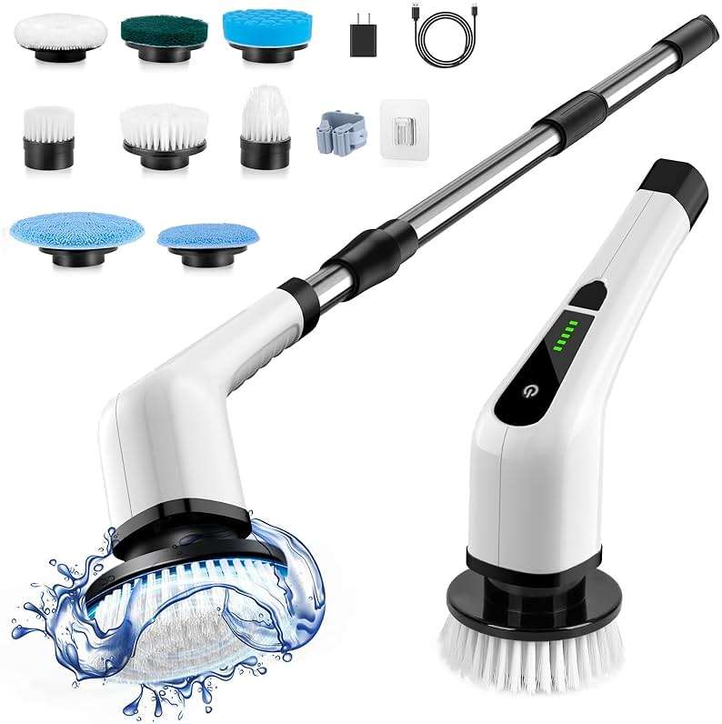 Bomves Electric Spin Scrubber, Cordless Cleaning Brush Scrubber for Home, 8 Replaceable Brush Heads-90Mins Work Time, 3 Adjustable Size, 2 Speeds for Bathroom Shower Bathtub Glass Car - Image 1