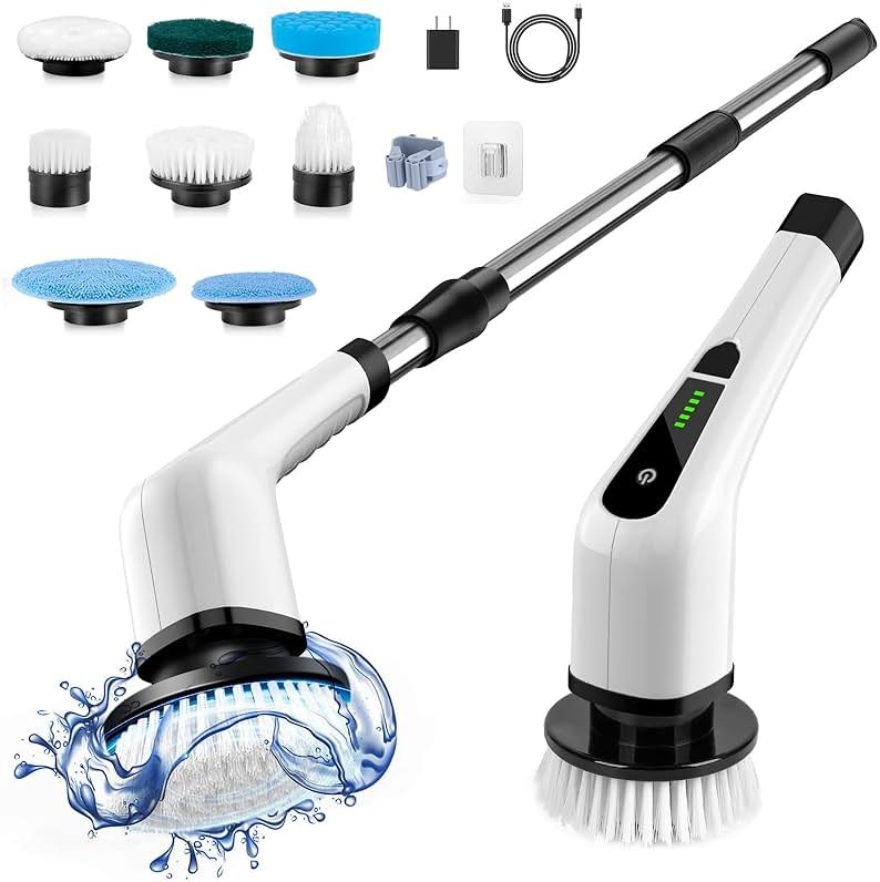 Bomves Electric Spin Scrubber, Cordless Cleaning Brush Scrubber for Home, 8 Replaceable Brush Heads-90Mins Work Time, 3 Adjustable Size, 2 Speeds for Bathroom Shower Bathtub Glass Car - Product Image