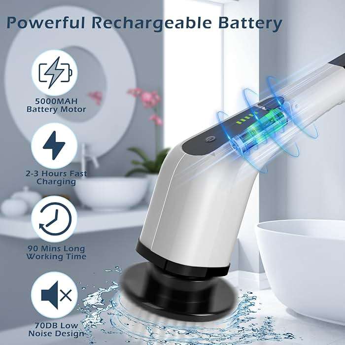 Bomves Electric Spin Scrubber, Cordless Cleaning Brush Scrubber for Home, 8 Replaceable Brush Heads-90Mins Work Time, 3 Adjustable Size, 2 Speeds for Bathroom Shower Bathtub Glass Car - Image 3