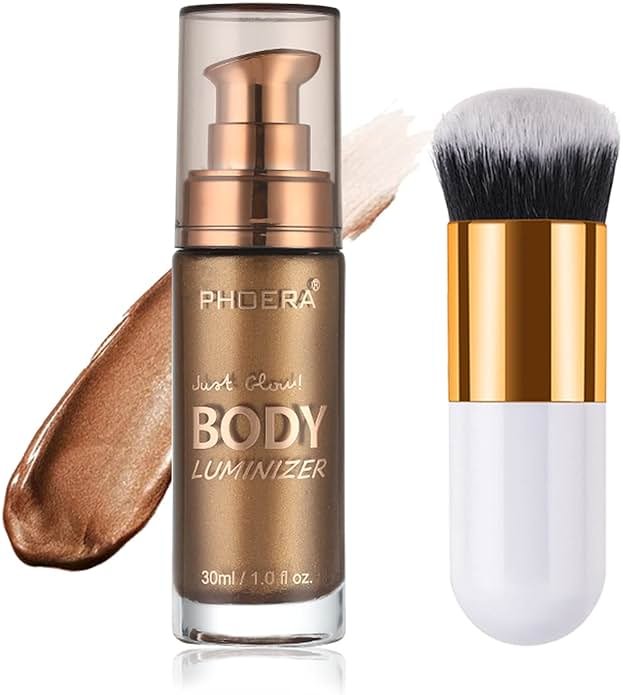 Body Shimmer Oil, Glistening Bronze Natural Glow Luminizer, Long Lasting Moisturizing Liquid Illuminator Highlighter Makeup for a Sun-Kissed Glow, Brush Include, 1oz, Medium - Product Image