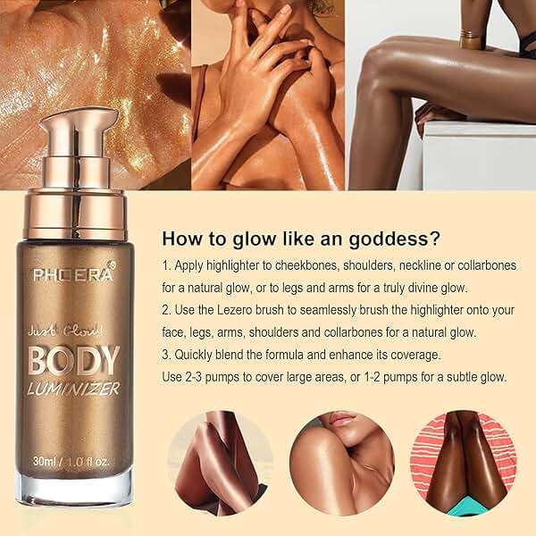Body Shimmer Oil, Glistening Bronze Natural Glow Luminizer, Long Lasting Moisturizing Liquid Illuminator Highlighter Makeup for a Sun-Kissed Glow, Brush Include, 1oz, Medium - Image 4